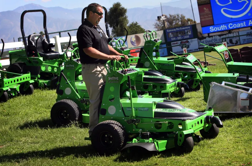 Joe Conrad, president of Mean Green Mowers, gives a demonstration of zero-emission, battery-electric commercial lawnmowers that will be used at San Manuel Stadium in this file photo. (Photo by Kurt Miller, The Press-Enterprise/SCNG)