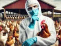 A featured image illustrating the bird flu outbreak, showing a concerned agricultural worker in protective gear with a backdrop of chickens in a farm