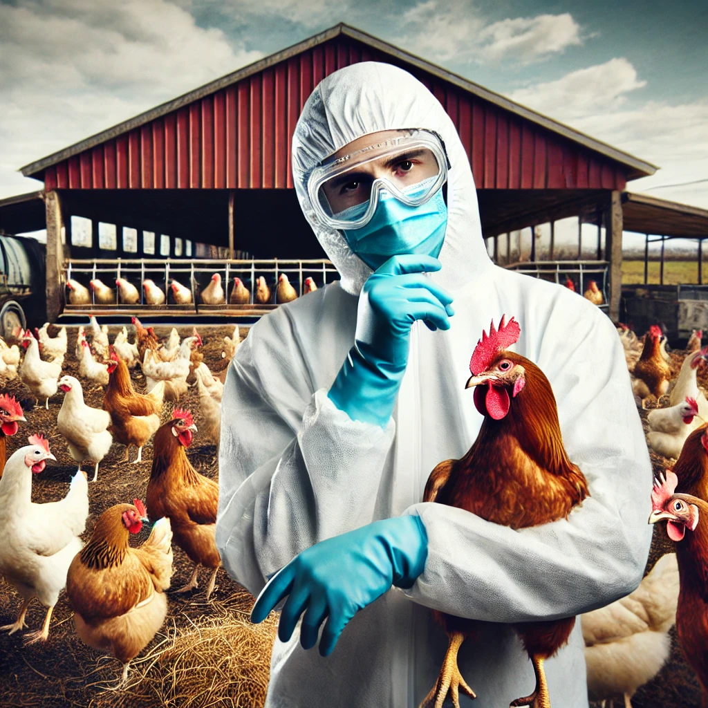 A featured image illustrating the bird flu outbreak, showing a concerned agricultural worker in protective gear with a backdrop of chickens in a farm